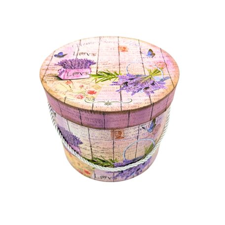 Ajándékdoboz, levendulás, füles, henger alakú, kicsi (16cm)